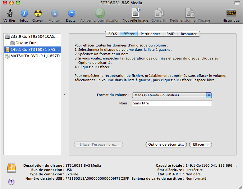 Onglet Effacer utilitaire de disque Mac OS X