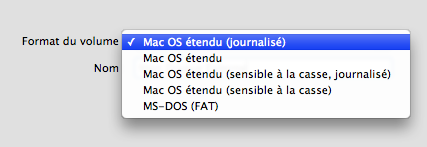 Menu déroulant format de volume Mac OS X